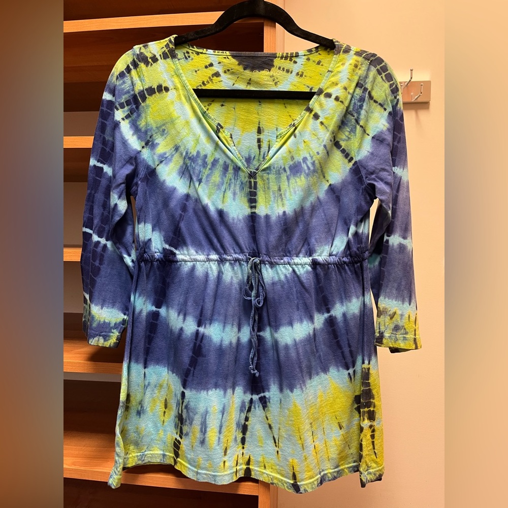 Blue and Green tie dye RXB dress, adjustable pull belt, long/mid-length sleeve